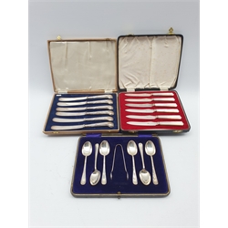 Set of six silver bladed pastry knives with mother of pearl handles Sheffield 1939 Maker Viners, set of six silver tea spoons and tongs Sheffield 1912 and six silver handled dessert knives, all cased