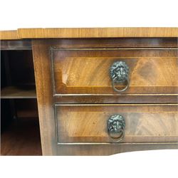 20th century mahogany cross banded sideboard, the serpentine top over two drawers, flanked by two cupboards, raised on square tapering supports and peg feet W153m, H92cm, D62cm 