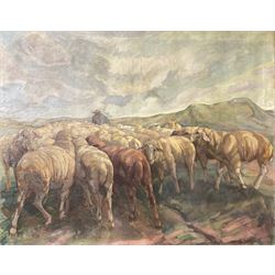 Hans Wedel (German 1885-1953): Shepherd and his Flock in the Mountains, oil on canvas signed 92cm x 117cm (unframed)
Notes: Hans Wedel was born in Frankfurt on 14th August 1885. He studied fine art with Professor W. A. Beer and Emil Gies at Staedlschen Kunstinstitut (Art Institute) and later studied under Professor Heinrich von Zuegel where he focused on animal subjects. He owned many of the animals he painted at his private animal sanctuary which included Polar and Brown Bears as well as Lions. He trained these animals for many well known circuses. Hans Wedel fled the Nazi regime and at one point went to hide in the Black Forest.