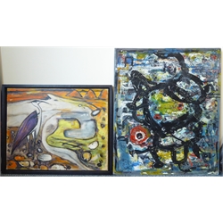  T O' Donnell (20th century): Abstract Faces, oil on canvas signed and dated '77,m 62cm x 52cm unframed and N McGuinness Heron in an Abstract Landscape bears signature 40cm x 50cm (2)   
