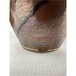 Nick Booth (contemporary) studio pottery vase, a similar style studio pottery vase with textured band, inscribed C.B N.N, a crystalized glazed bowl, Nic Harrison for Trelowarren Pottery tureen and stand, together with a slab built angular form jug with textured body, H28cm (5)