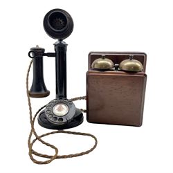 Early 20th century brass and Bakelite candlestick telephone marked no. 22 with wooden bell receiver marked no. 1A