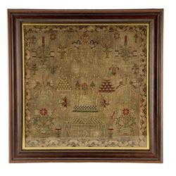 19th century needlework sampler by Ann Duffield, aged 12, 1833, worked in coloured threads with a verse, house, butterflies, pair of winged cherubs, birds and flowers, within a trailing floral border, in glazed modern frame with gilt slip, 44cm x 44cm 