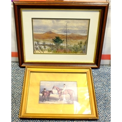 Fegan (20th century): Farmyard Pond, oil on board signed; R L Young (20th century): Cattle Grazing, pastel signed and dated '92; a watercolour and an equestrian print, max 47cm x 62cm (4)