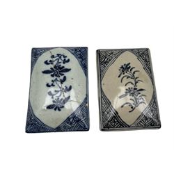 Matched pair of 18th/ 19th century Chinese blue and white rectangular boxes, both having inscriptions to the interior and floral decoration to the cover, L12cm one a/f (2)