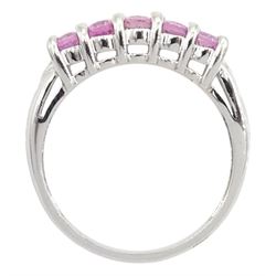 9ct white gold five stone oval pink sapphire ring, hallmarked