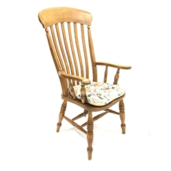 20th century beech and elm farmhouse chair, shaped saddle seat over ring turned supports united by double 'H' stretcher 