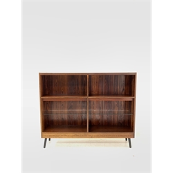 Troeds of Sweden - Mid century rosewood open bookcase, with two fixed shelves and two adjustable glass shelves, raised on ebonised tapered and splayed supports 