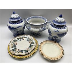 Pair of modern Chinese jars and covers, 19th century tureen base and other 19th century and later plates