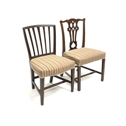 Georgian mahogany chair, shaped cresting rail over pierced splat, moulded supports joined by stretchers, together with a 19th century mahogany chair, both upholstered in striped fabric