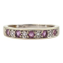 9ct white gold milgrain set diamond and pink sapphire half eternity ring, hallmarked