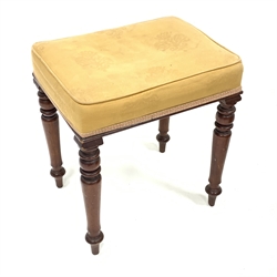 Late Victorian mahogany piano stool, with upholstered top raised on turned supports, 