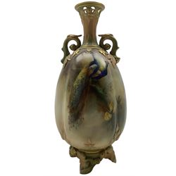 Hadley's Worcester twin handled vase, of lobed form with pierced flared rim, the body painted with two Peacocks perched on a branch, numbered 264/ 50.54, H22.5cm 