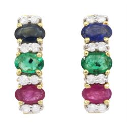 Pair of 14ct gold diamond, sapphire, ruby and emerald half hoop earrings, stamped