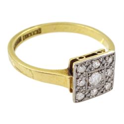 Early 20th century gold milgrain set diamond square cluster ring by S Blanckensee & Son Ltd, stamped 18ct & Plat