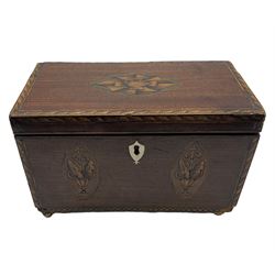 19th century mahogany tea caddy with chevron banding and inlaid with vases of flowers etc, the interior with two covered containers and further floral inlay and banding on brass ball feet W22cm