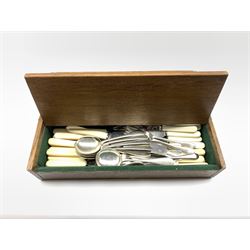 Early 20th Century inlaid oak two division cutlery box and contents including bone handled knives, plated cutlery etc