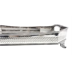 Early 20th century silver-plated tea tray by James Deakin & Sons, Sheffield, rectangular canted form with ornate engraved decoration, pierced gallery rail and shaped handles, L58cm x W40cm 