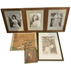 Collection of framed Edwardian photographs of ladies, a print and a watercolour dated '27 in one box (6)