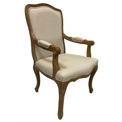 French design limed oak framed armchair, upholstered in linen fabric