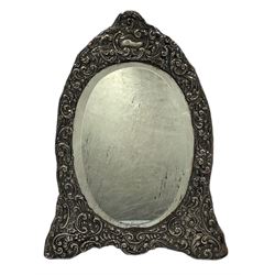Edwardian silver frame dressing table mirror with oval bevelled plate and embossed frame on easel stand H30cm Birmingham 1903 Maker Henry Matthews