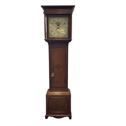 A compact oak cased longcase clock with a 30hr chain driven movement retailed by G. Green , Lincoln, c1820, hood with a flat top, broad cornice and blind frieze, 12” square painted dial flanked by two detached pillars and brass capitals, long trunk door with a wavy top on  a square plinth with a raised moulding and decorative skirting, dial painted with upright wavy Arabic numerals, minute track, and floral spandrels, with a semi-circular date aperture and non-matching stamped brass hands. With pendulum and weight.

