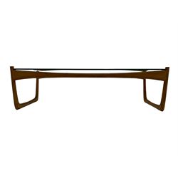 1970s teak framed coffee table, rectangular form with shaped glass top
