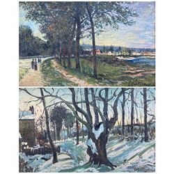 Attrib. Edmond Marie Petitjean (French 1844-1925): 'La Seine' and 'Neige de Matin', pair oils on board signed, signed titled and dated '74 verso 16cm x 27cm (2)