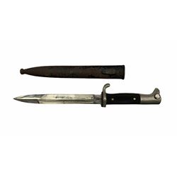 German Army Officer’s short pattern parade bayonet, probably WW2, the 19cm blade marked F.W. Holler to the ricasso with thermometer trade mark, two-piece chequered grips, eagle head pommel and black painted metal scabbard, total length 35cm