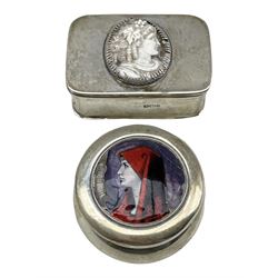 Silver rectangular trinket box, the hinged lid inset with an oval cameo W7cm Sheffield 1901 Maker Joseph Rogers and a circular box inset with an enamel bust portrait of a girl D5cm Birmingham 1903 Maker Douglas Clock Co.