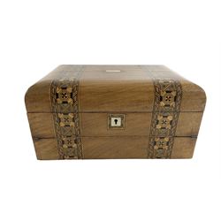 Victorian walnut table writing box with Tunbridge ware banding, the interior with fold out writing slope, pen tray etc W30cm