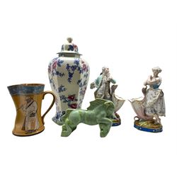 Leighton Pottery vase decorated in the 'Chinese Peony' pattern H43cm, Art Deco style glazed model of a Horse, pair of Continental figures stood beside a cornucopia shaped vase and a Royal Doulton series ware jug no. D2645 (5)
