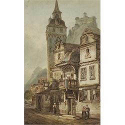 Attrib. Samuel Prout (British 1783-1852): Continental Inn before a Mountaintop Castle, watercolour indistinctly signed, dated 1829 in a later hand verso 28cm x 19cm