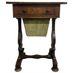 19th century mahogany work table, the squared top over one frieze drawer and drop box, raised on panel end supprts 