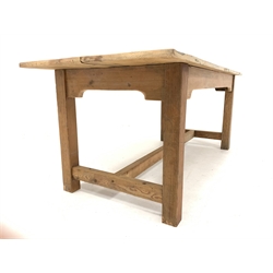 19th century French pine refectory style dining table, the associated top over shaped apron raised on square section supports united by stretcher, 183cm x 77cm, H73cm