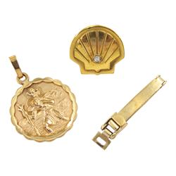 Gold shell stud set with a diamond, gold St Christopher's pendant and a gold clasp, hallmarked 9ct