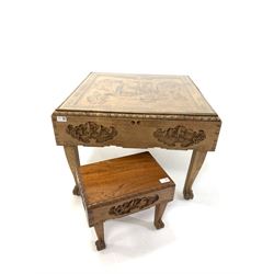 Chinese carved hardwood square coffee table with plate glass top and four drawers,  (W72cm) together with a Chinese carved hardwood stool with folding legs (W36cm)