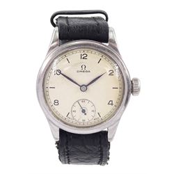 Omega gentleman's stainless steel manual wind wristwatch, Ref. 2165, dial with Arabic and baton hour markers and subsidiary seconds dial, on black leather strap