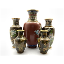  Pair of 20th Century Chinese cloisonne vases decorated with flowers H30cm a single vase H39cm and a pair of small cloisonne vases H20cm  