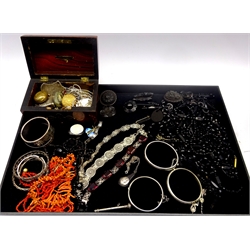 Collection of silver bangles and bracelets, stamped or hallmarked, coral necklaces, jet jewellery, vulcanite jewellery, Victorian and later costume jewellery