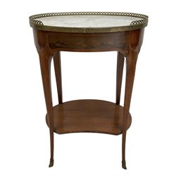 Victorian french style walnut table, the oval marble top over one frieze drawer and under-tier, raised on square tapering supports 