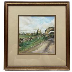 John Mawbey (British 20th Century): 'Byland Abbey - North Yorkshire', gouache and ink signed titled and dated 1982, Austen Hayes Galley stamp verso, 16cm x 16cm 