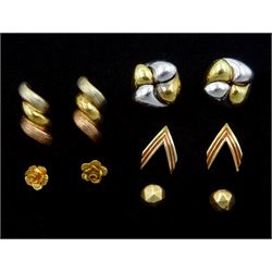 Five pairs of 9ct gold stud earrings, including wishbone and rose designs