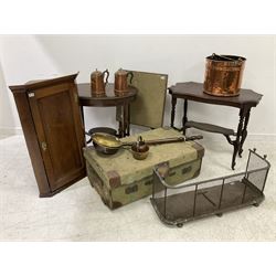 Early 20th century travelling trunk; copper coal bucket bed-pan and teapots; Georgian design corner cupboard; two side tables; fender