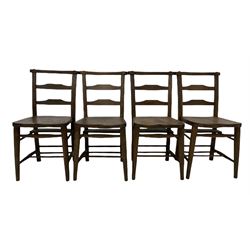 Set four beech and elm chapel chairs, the shaped seat raised on turned supports W42cm
