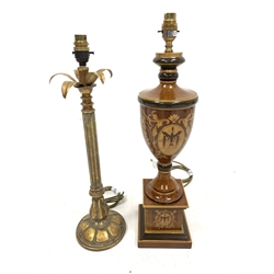 Modern classical urn form table lamp, H59cm, another with reeded column and leaf top and a pair of ebonised candlesticks 