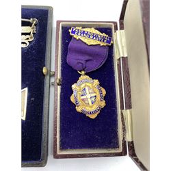 NIOF silver and parcel gilt Masonic jewel awarded to Bro. B Lawson, Knottingley District 1897, a base metal jewel, both cased, Queen Elizabeth II coronation medal in box of issue and two other items 