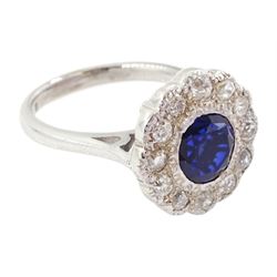 White gold round cut synthetic sapphire and old cut diamond cluster ring, stamped 18ct, total diamond weight approx 0.60 carat