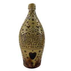 Victorian memorial stoneware flask, egraved by William Howard, 1859, 'In Memory of Robert Lees, Who Died November. 17 1840 in the 64 Year of His Age', the other inscribed 'In Remembrance of Betty Lees Who Died February 21. 1859 in the 82nd Year of Her Age', the ground decorated with various symbols including Heats, Shovels, VR cypher, stars, shovels, table and chairs etc, H27cm 