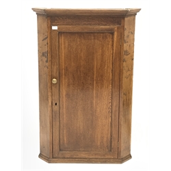 19th century tall oak corner cupboard, single panelled door enclosing three shaped shelves, W82cm, H121cm